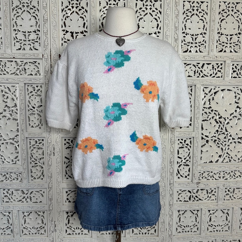 Vintage Floral Grannycore Knit Short Puff Sleeve Sweater‎ Sz Medium